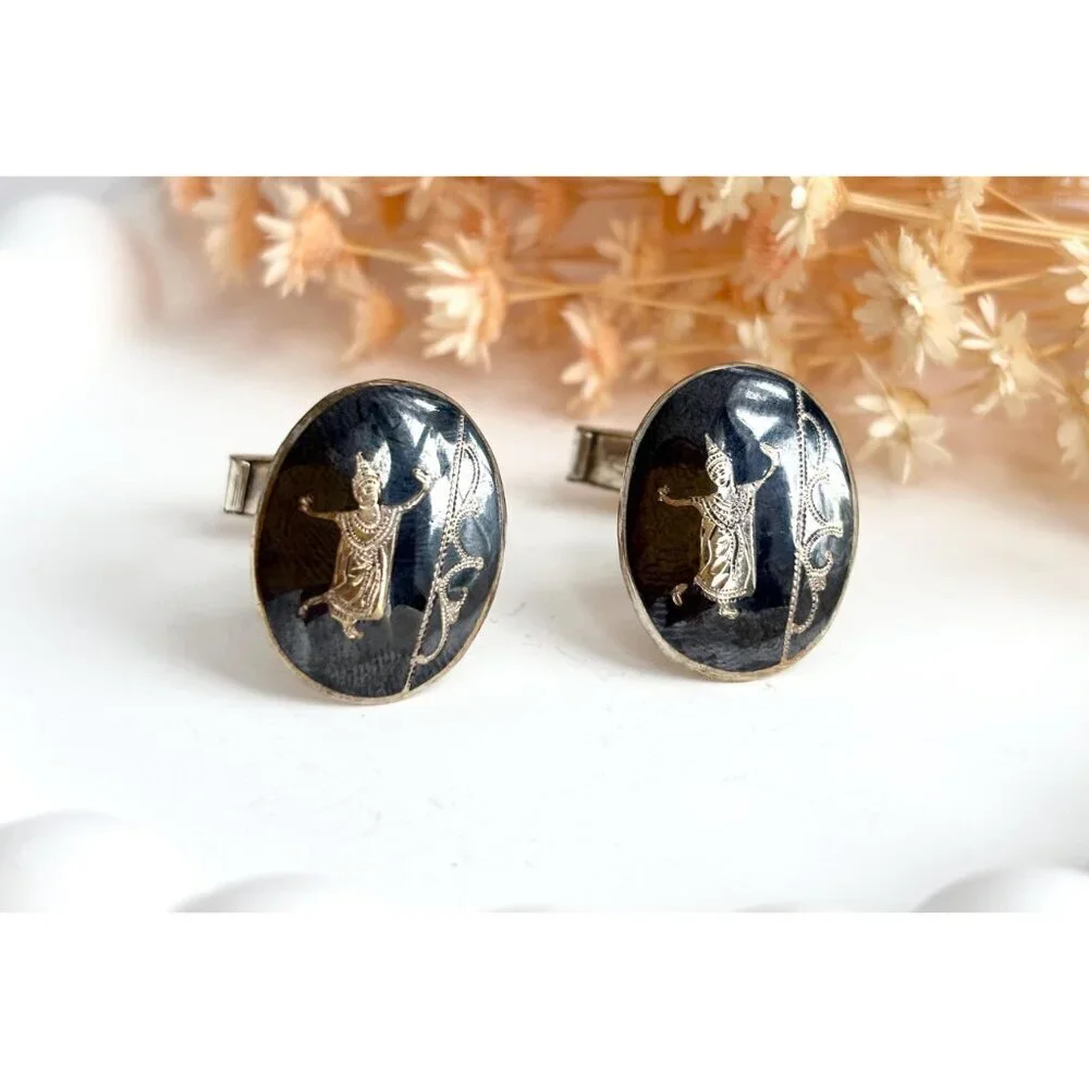 Siam Sterling Dancing Angel Oval Nielloware Enamel Vintage Black Round Cufflinks